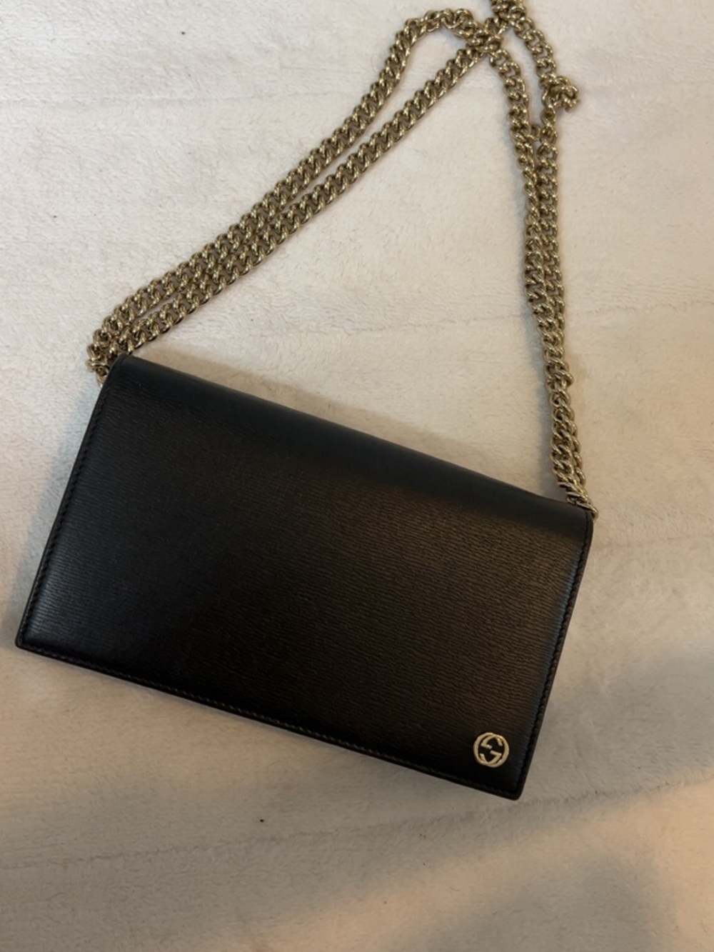 Gucci Black Leather Shoulder Bag with Gold Chain and GG Charm
